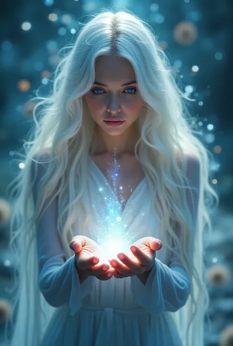 A woman with white hair and blue eyes holding the ether in her hands