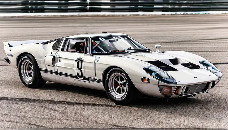 picture in 3d. ford gt40 car in white and black. it is located on the asphalt of the race track.