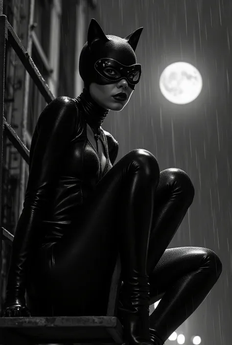 The model/imagine prompt: Aubrey Plaza as Catwoman in a sleek black leather catsuit with a mask, sharp claws, and a mischievous grin. She is perched on a rusty fire escape, raindrops glistening on the metal, under the glow of the moon. The night is filled ...