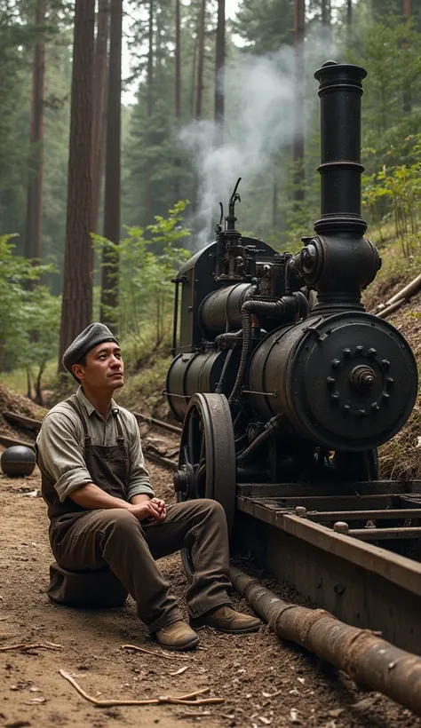 an early 20th century mechanical worker sits next to a large steam engine with visible gears and pistons. he is wearing dark bro...