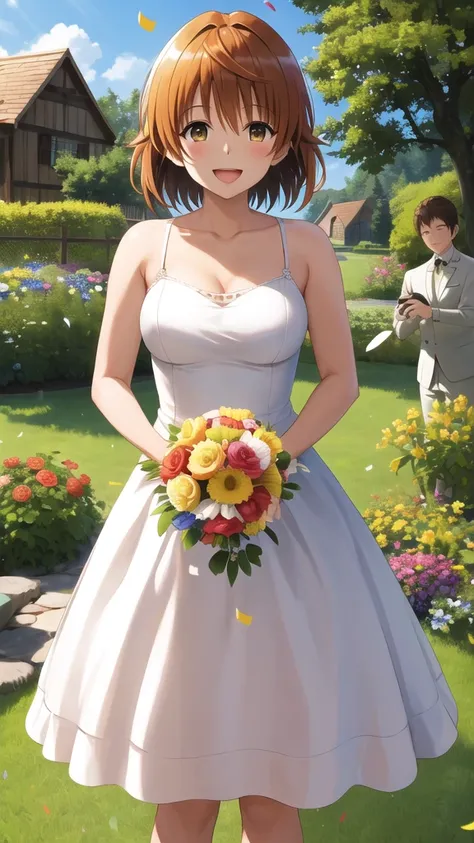 masterpiece, best quality, highres, aariko, short hair, brown eyes, wedding dress, standing, garden, confetti, holding bouquet, smile, open mouth,, cowboy shot, smile