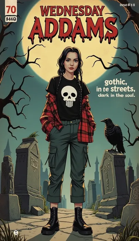 a 1940s-style horror comic book cover featuring wednesday addams (as portrayed by jenna ortega), reimagined with a modern street...