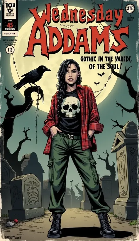 a 1940s-style horror comic book cover featuring wednesday addams (as portrayed by jenna ortega), reimagined with a modern street...