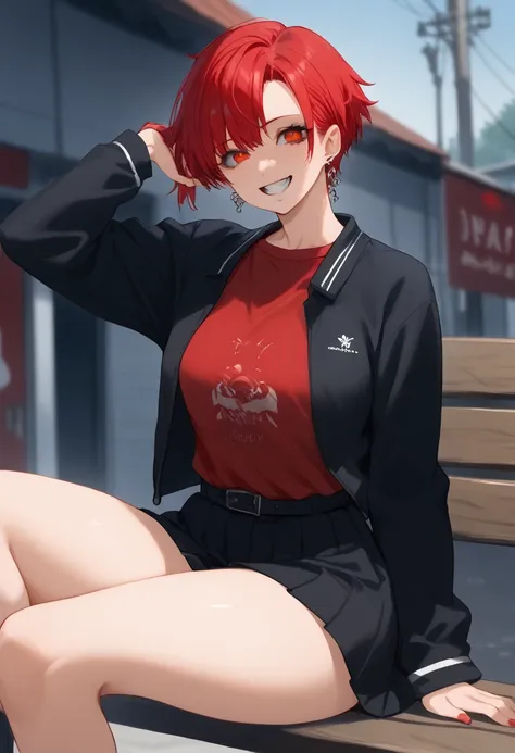 arafed woman with red hair and piercings sitting on a bench, 4k anime style, [[[[grinning evily]]], anime badass 8 k,  wicked sm...