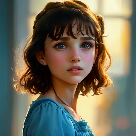 ,  has a young girl wearing a blue shirt and a brown brace,  young natalie portman , close-up portrait, photo film,  Valentines Day, /Millie Bobby Brown,  from stranger things, Very beautiful face, but she has a stern look,  beautiful girl Dorothy Gale  , ...