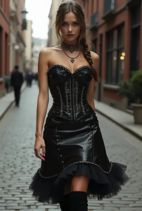 In the midst of a bustling metropolis, where cobblestone paths weave their way between timeworn brick edifices, a solitary figure emerges, a captivating spectacle of modern sophistication and Victorian allure. The woman, a picture of poised elegance, is sw...