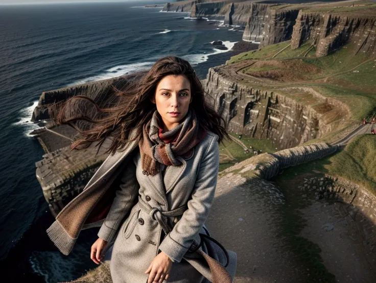 Irish brunette in a wool coat and scarf, photographed from above with a drone, standing atop the Cliffs of Moher with wind tousling her hair.