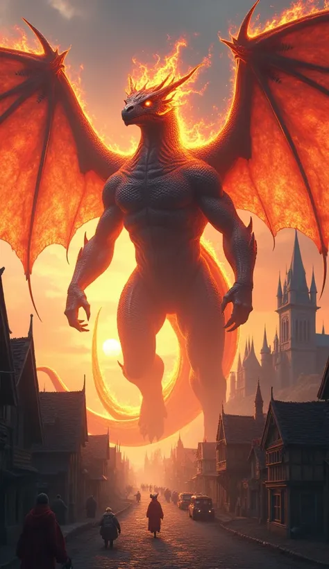 The colossal hybrid, a fearsome fusion of a black dragon and a phoenix, strides through the small village with an intimidating presence. Towering at 40 meters, its enormous, muscular body is adorned with dark, shimmering scales that glisten in the sunlight...