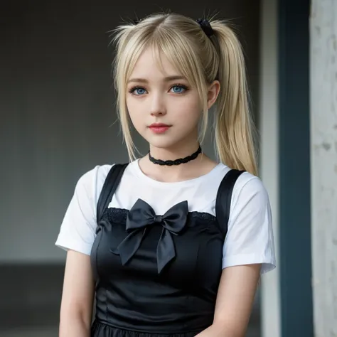 Marie Rose, light blue eyes, (best quality, ultra-detailed), (realistic:1.37), beautiful and detailed face, ultra-realistic texture, delicate face, delicate body, red lipstick, bright colors. High definition, 8k. expression a slight cute smile