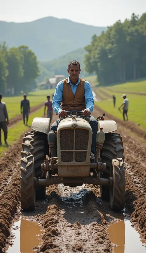 a man driving an old farm vehicle or construction machine, slowly making his way along a muddy path. he is wearing a light blue ...