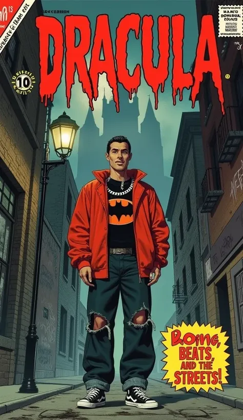 a 1940s-style horror comic book cover featuring dracula, reimagined as a modern trap star. he’s dressed in oversized streetwear—...