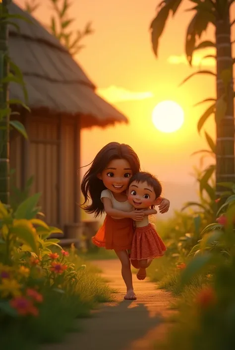 Timun Mas runs to embrace her mother in front of their peaceful bamboo house. The setting sun casts a warm golden glow in the sky as they are reunited.(3d animation)