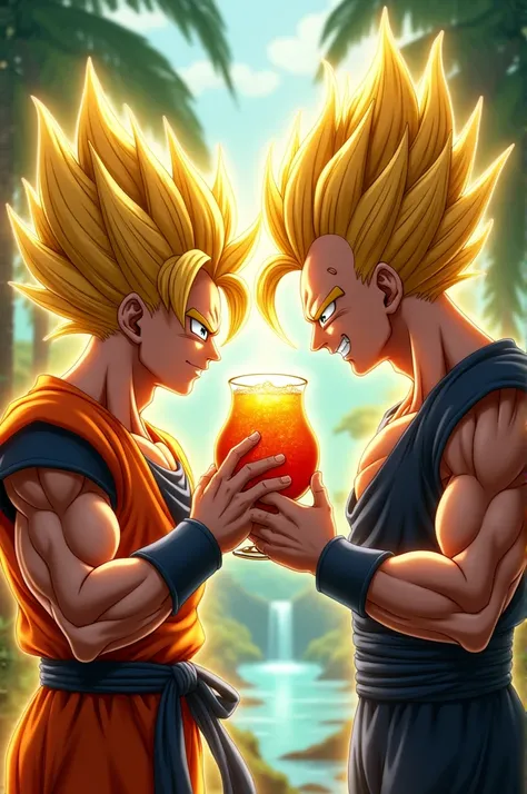 Goku Super Sayayín phase 3 drinking Tereré with Vegeta 