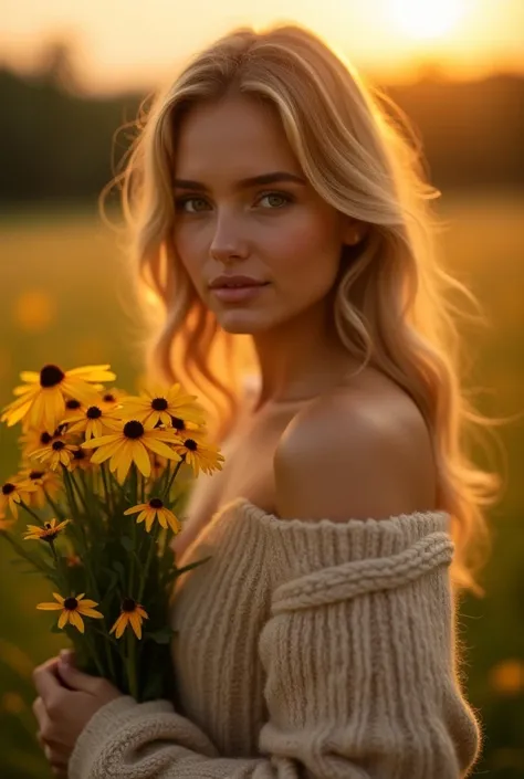 a golden hour portrait shot featuring a romantic, ethereal aesthetic. The subject wears an off-shoulder beige knit sweater and holds a bouquet of vibrant yellow daisies or black-eyed Susans. The image is captured during sunset, with warm backlighting creat...