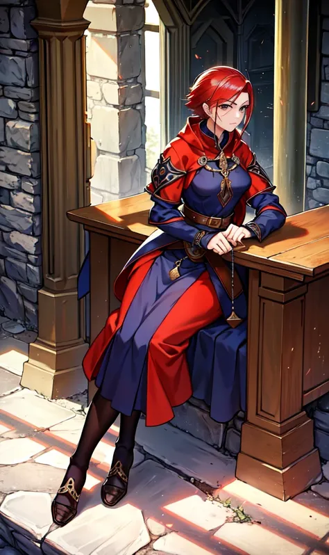 grandfather with graying red hair, wearing a medieval priests outfit, fantasy world, sitting behind a table, muscular body, scars on her arms, tattoos on her hands, gentle expression, swords hanging on the wall