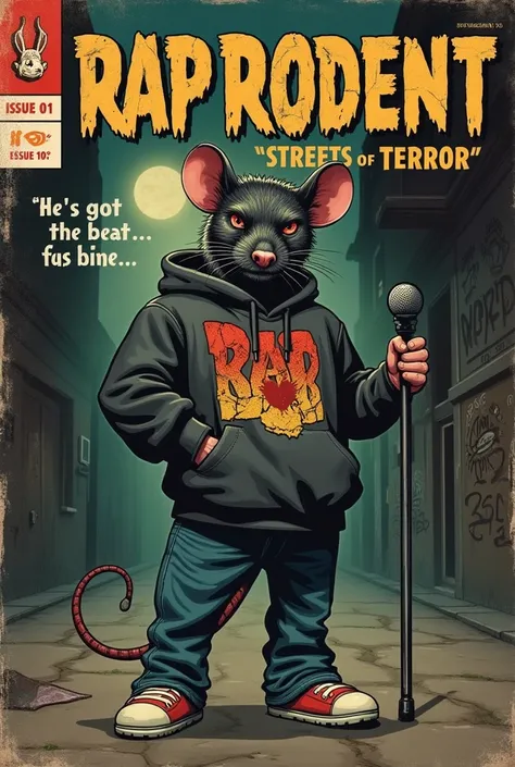 a 1940s-style horror comic book cover featuring a rap-performing anthropomorphic rat in oversized streetwear. the rat stands upr...