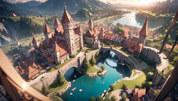 A vast royal city surrounded by the walls of medieval Europe, with a large castle rising in the center, surrounded by water moats, and houses lined up near bridges. Large castle, Miniature,  Digital Art ,   Cinematic Composition, greenに囲まれた小さな家, sun rays, ...