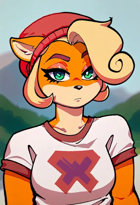 eigeen, score 9, score 7 up, 1girl, solo, furry female, blonde hair, red beanie, looking at viewer, head tilt, shirt, portrait, depth of field, short hair, tomboy, coco bandicoot