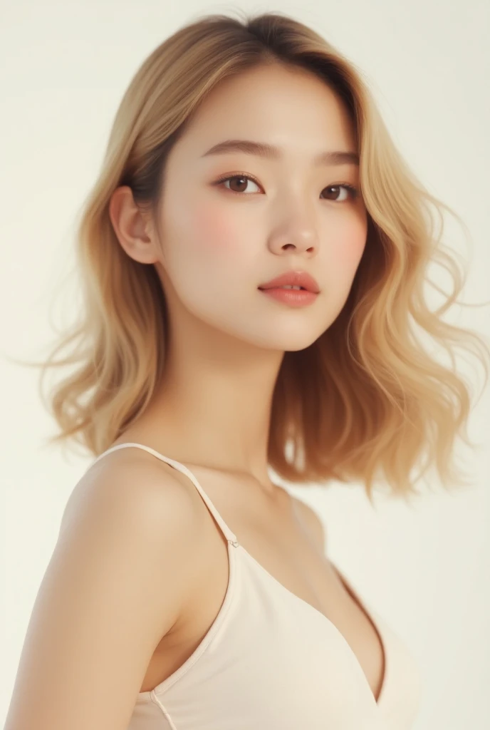 A slim woman with blonde hair that softly falls over her shoulders, blending her light tone with delicate Asian features. Her skin is fair and has a natural glow, and her almond-shaped eyes, dark in color, contrast harmoniously with her hair. Her face has ...