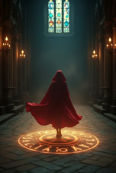 Little Red Riding Hood appears in the light from the magic circle on the church floor