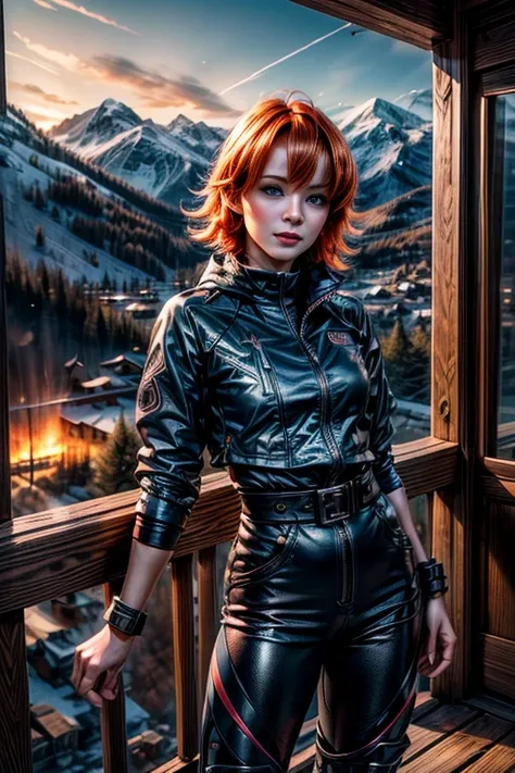 cowboy shot,beautiful nora_valkyrie, smile, looking at viewer, blush, smile, short hair, bangs, blue eyes, ski jacket, ski pants, black boots, orange hair, shiny hair, dynamic pose, nora is standing on mountain path with soldiers, near ski lodge, mountains...