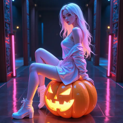 เหนือความจริง, cyberpunk style , full body, from side, high angle shot, sexy girl sitting on pumpkin , 1girl, ผมยาวสีฟ้าอมชมพู, ริมฝีปากสีแดง, Hologram,  painted with neon colors , Fluffy , three-dimensional , light, digital art, digital,  scientific , กลา...