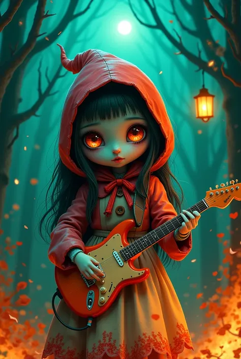 (masterpiece， best quality:1.2， vivid and realistic :1.4)，Cartoon Characters，Vector illustration，Hand drawn cartoon， Adorable Little Red Riding Hood girl who is alone ， intense zombie makeup ， is playing a retro guitar ， guitar player ，（Ghost crowd ），Ghost...