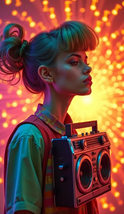 A vibrant 8K Ultra HD portrait of a young woman with a bold, colorful hairstyle, against a warm, nostalgic background of a detailed retro cassette player on the girls shoulder, a vintage boombox, emitting a mesmerizing aura of sound waves that are intricat...