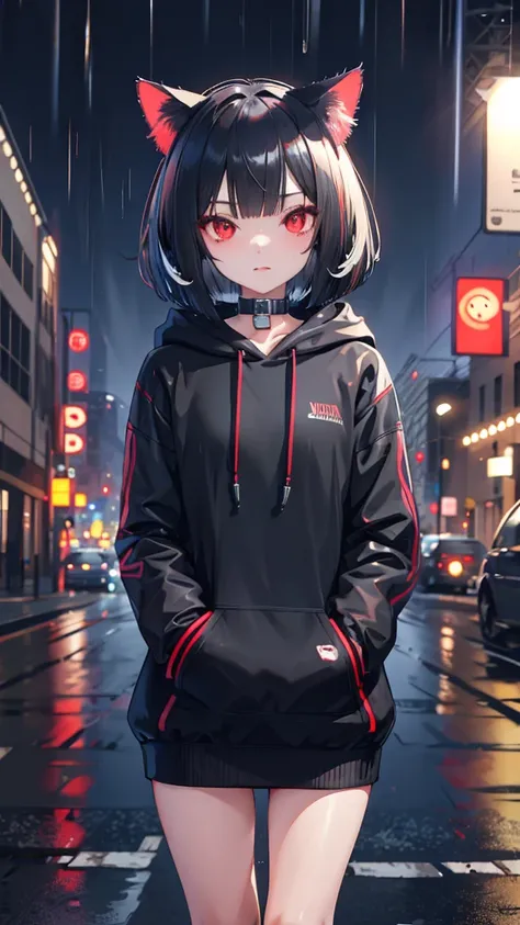 cat girl,  bob cut,night city,rain,  black hoodie,red eyes, kampala , suspicious vibe , headphones made of enamel material,near ...