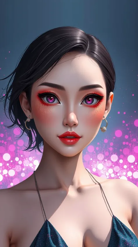 80’s glam rock makeup on shiny android face, anime, 2.5D, Glittery face, moody lighting, (purples, pinks, and blues), iridescent face, abstract ai model, japanese teen, pretty, sexy, minimal, sleek, slender, asian, elegant, chic, futuristic, retro, sophist...