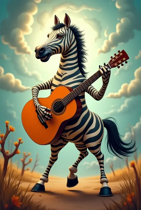 Striped horse playing a guitar and making moves 