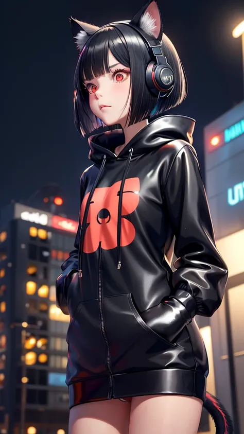 Cat Girl,  bob cut,Night City,rain,  black hoodie,Red eyes, Suspicious vibe , headphones made of enamel material,Near future,Wear glossy ,Turn around, Kampala, Best Quality, Hide your ears, Hair fluttering in the wind ,Plug Suit,Near futureマシンにまたがる