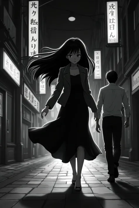 (Anime black and white 2000s style) romance, a chase a girl from behind 