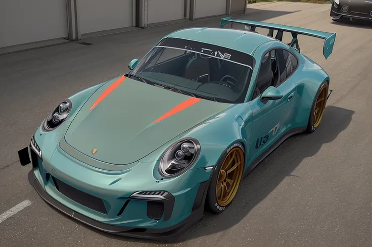 s)
(((porsche 911 gt3 rsr track car)) reimagined in an ominous black and green paintwork and trim, rear wing, ultra wide body ki...