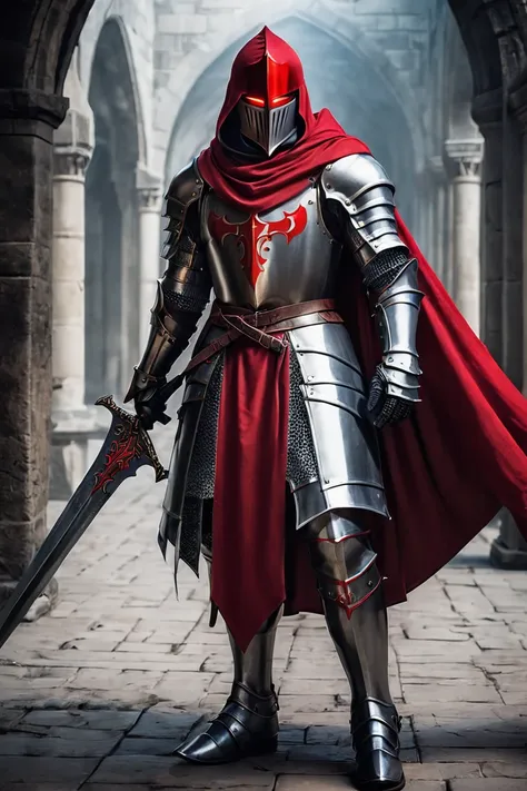 a male holy knight in full body heavy armor temple knight male vampire red eyes handsome brother armor fallen knight red cape we...