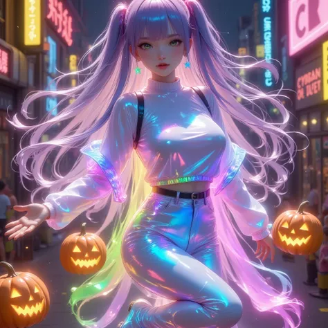 เหนือความจริง, sexy girl, 3d, อนิเมะ, เปล่งแสง, pumpkin, cyberpunk style , full body, high angle shot , 1girl, ผมเปล่งแสง, ผมยาว...