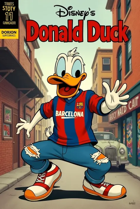 a vintage 1940s disney comic book cover featuring 'donald duck' as the main character. he is depicted in a dynamic pose, standin...