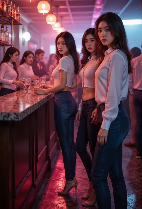 Multiple women , stand in line at a bar , skinny jeans, High heel, white shirt, standing in a crowded bar, Wetting, big smile , with shiny urine stains , Bright lighting
