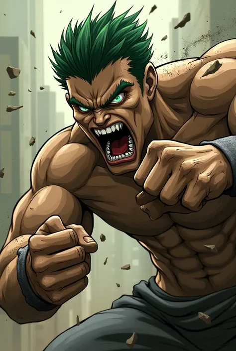 Screaming green-eyed man attacking with his fists anime