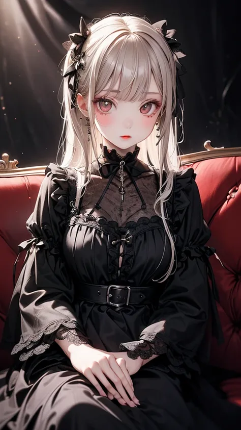 Baroque, Gothic Lolita, cute, One girl, alone, whole body, (Detailed clothing), (Beautifully detailed face), (Beautiful attention to detail),  Black sofa, Black Dress, Absurd, White lace, High resolution, Super detailed, Most detailed, Red lips