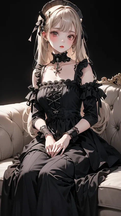 Baroque, Gothic Lolita, cute, One girl, alone, whole body, (Detailed clothing), (Beautifully detailed face), (Beautiful attention to detail),  Black sofa, Black Dress, Absurd, White lace, High resolution, Super detailed, Most detailed, Red lips