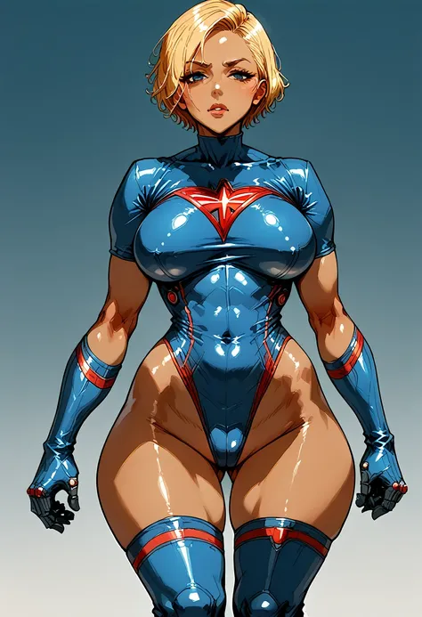 anime girl,      Voluptuous android woman in superhero uniform,  Captain America in white latex and stockings  ,   short blonde hair and brown skin     , robotic parts ,