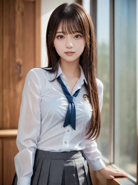 ( high school girl uniform : 1.8), Complex and beautiful eyes、woman, ( sexy pose : 2.0), (stand up : 1.2), Womanly black hair、(Delicate and realistic hair、1 bottle１Realistic hair)、bangs、Natural Color Lip、smile、((White indoor))、indoor、((18歳woman:1.2))、Young...