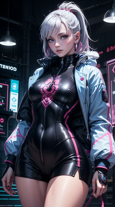 Beautiful woman is shown to have a sexy figure, colorful hair, wearing future blue and white cyber city clothes, big blue and white colorful puffy jacket, lots of facial piercings, tattoos, neon city, cybernetics, she has blue eyes, sexy session, elegant p...