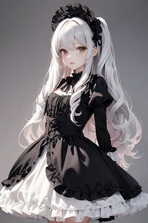 parfect anatomy、top-quality、masuter piece、ultra-detailliert、8ｋ、Correct depiction of the human body、Full Body Angle、Delicately drawn face、Woman with a pretty face、Gothic Lolita Fashion、Black Gothic Lolita Fashion、Black and white costume、Beautiful silky silv...