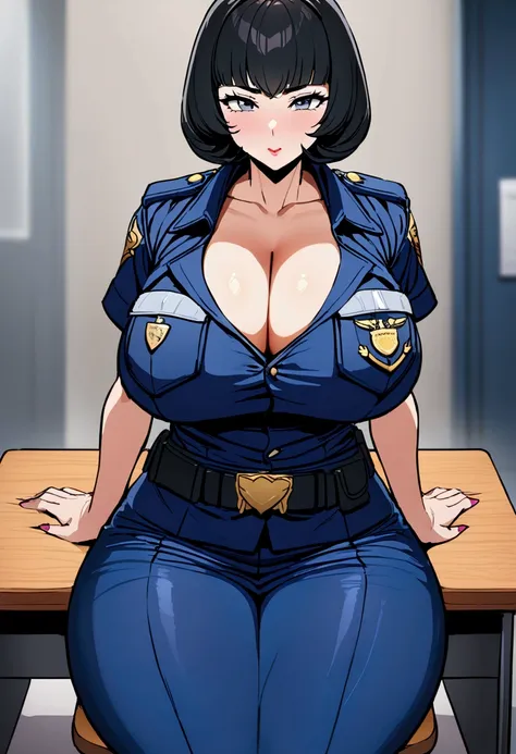 huge ass, black bobcut hair, wearing darkblue police clothing, cleavage, grey mom, sits at a desk in a busy police office,