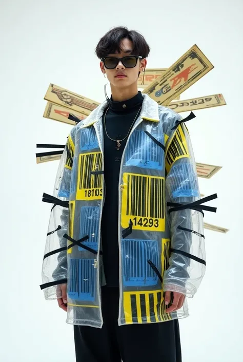 A man is wearing an oversized, transparent plastic jacket with blue and yellow Japanese barcode prints. Black tape is stuck on the at different angles. The background is white, and a large number of signs protrude from behind his back. A pair of safety gla...