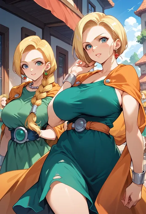 masterpiece, kampala,best quality,8k
( dragon quest,bianca whitaker)
(age 25, mature women ,blonde, braid,big breasts)( green dr...