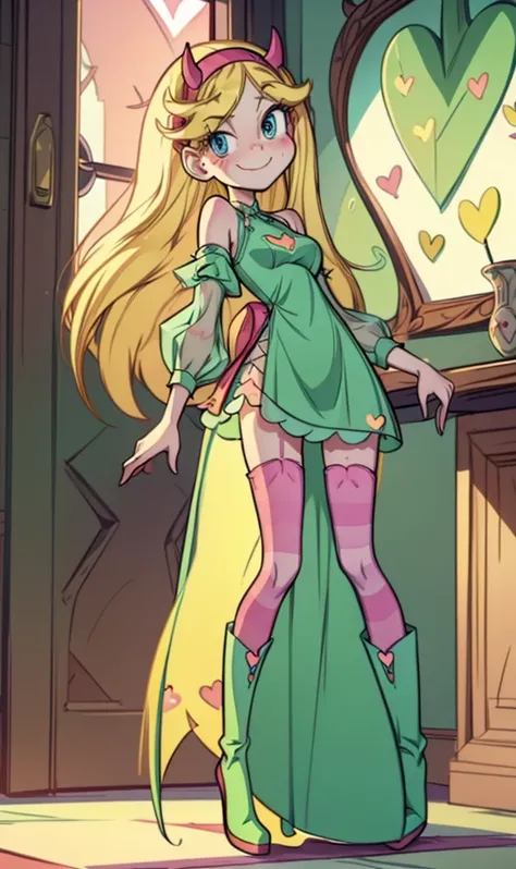  masterpiece , Star Butterfly,  long hair , blonde hair,  headband with red horns, blue eyes, smile,  heart on the cheek ,  full body, slim, breasts, sexy, blush,  green dress, short dress,  transparent dress ,  dress with sleeves , Stockings and Boots, 