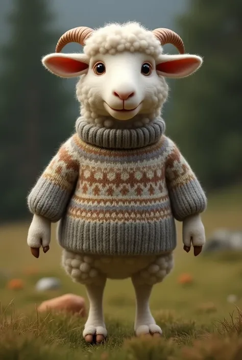 A bipedal sheep is wearing a traditional patterned Cowichan sweater、Realistic